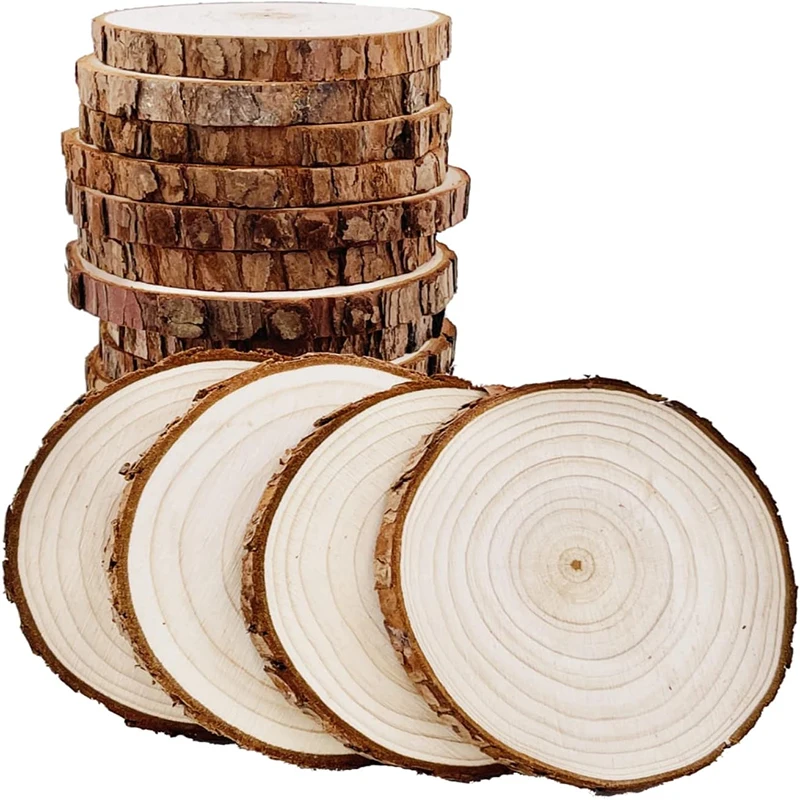 3-12cm Thick Natural Pine Round Unfinished Wood Slices Circles with Tree Bark Log Discs DIY Crafts Rustic Wedding Party Painting