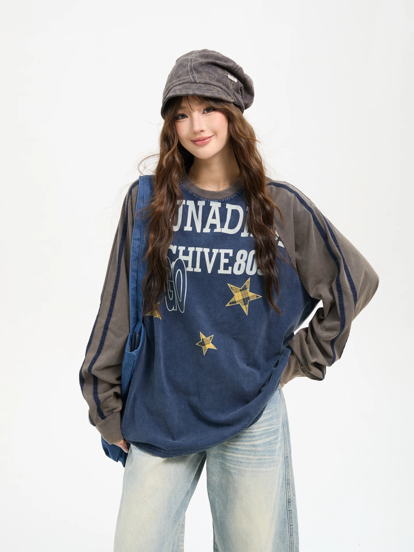 

7KEEWEN American Retro Trendy Brand Distred Color Blo oulder Sve Letter Print Long Sve Base T-irt Hoodie Stree...