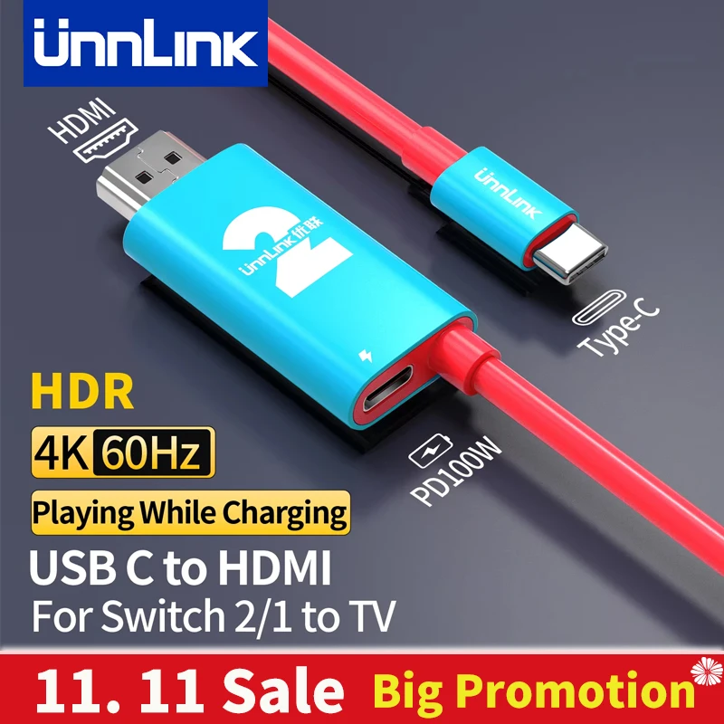

﻿ Видеокабель Unnlink 4K 60 Гц для переключателя 1/2/OLED-экрана Зеркальный кабель 2K 120 Гц USB C к HDMI + PD 100 Вт Проекционная док-станция