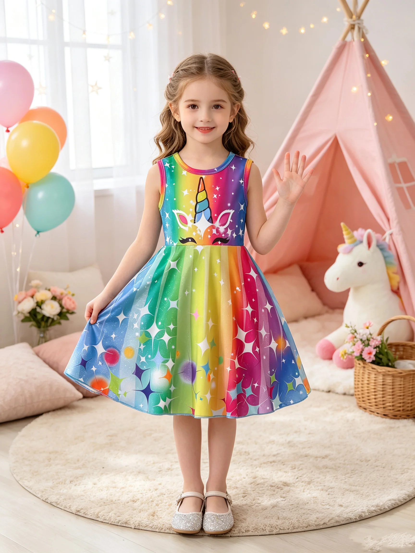 Girls' Casual Sleeveless round Neck Dress Dream Unicorn Print Colorful Spring Summer Autumn Dress for Kids