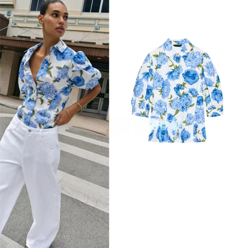 

Spring New Women's Casual Style Polyester Fiber Printed Bubble Sleeve Turn-down Collar Shirt Beach Vacation Theme 2472129