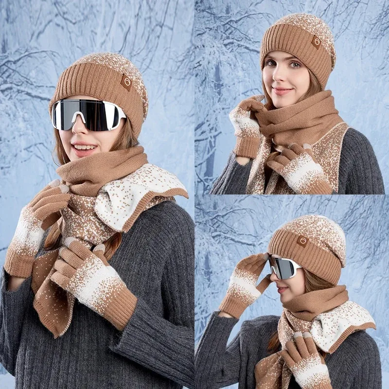 Chapéu de inverno luvas cachecol conjunto para mulheres homens ao ar livre gorros quentes à prova de frio com proteção de ouvido de veludo chapéu de lã de malha para mulher