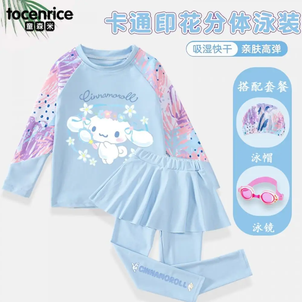 

New Sanrios Anime Cinnamoroll Children's Swimwear Long Sleeve Two-Piece Suit Professional Quick-Drying Girls Swimsuit Beachwear