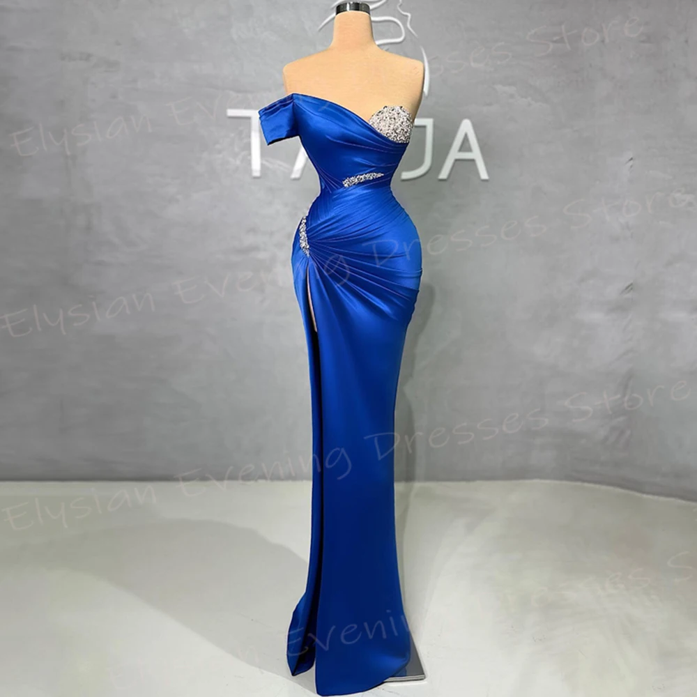 Vestidos De Noche modernos De sirena para mujer, un hombro sin mangas, vestidos De graduación con cuentas, Vestido Sexy con abertura lateral, azul encantador