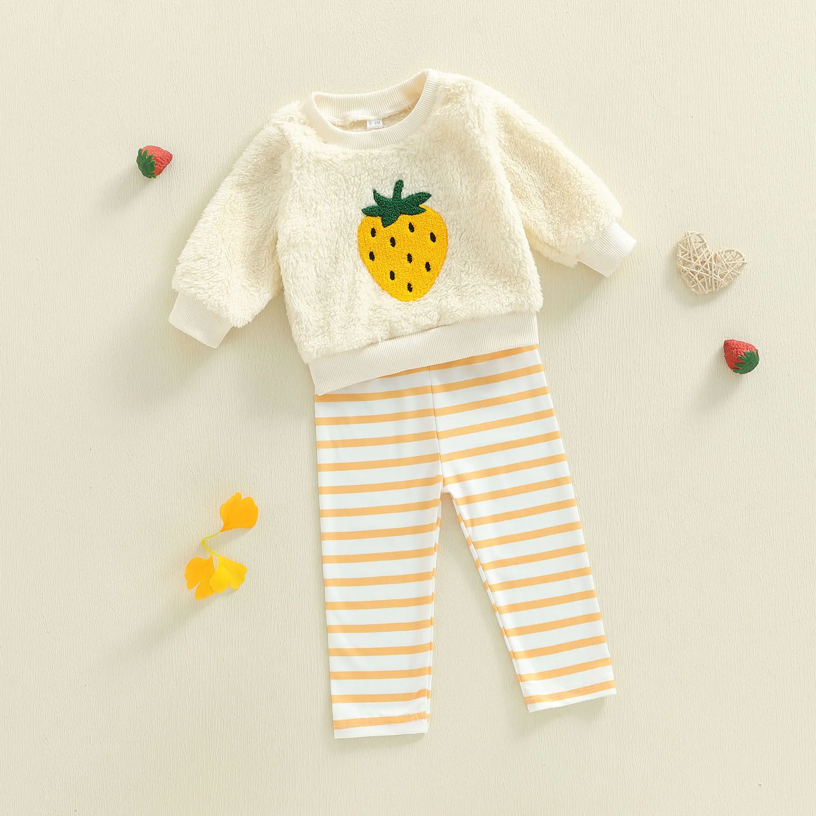Tregren Toddler Baby Girl Fall Winter Outfits Strawberry Embroidery Crew Neck Long Sleeve Tops and Striped Pants 2 Pcs Set