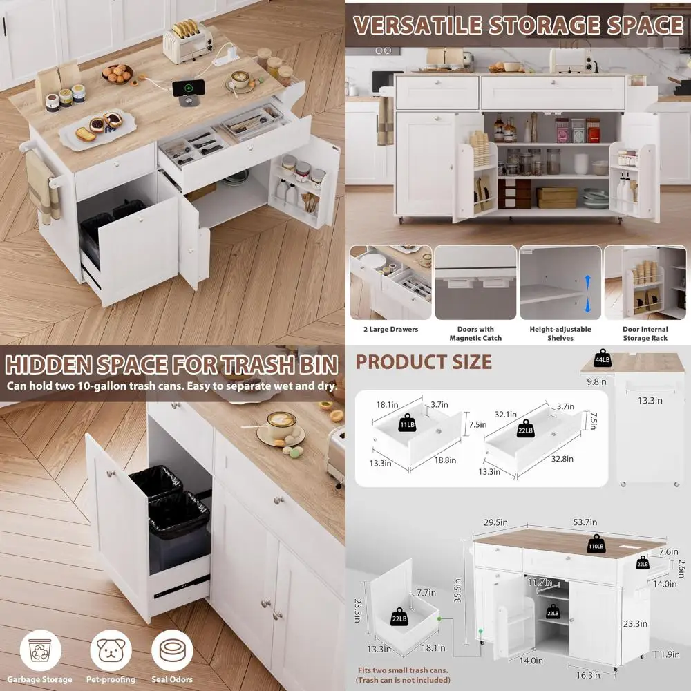 جزيرة مطبخ بيضاء محمولة مع أوراق متدلية، وحدة تخزين، وصندوق قمامة، ومخرج طاقة، ورف توابل على عجلات #1