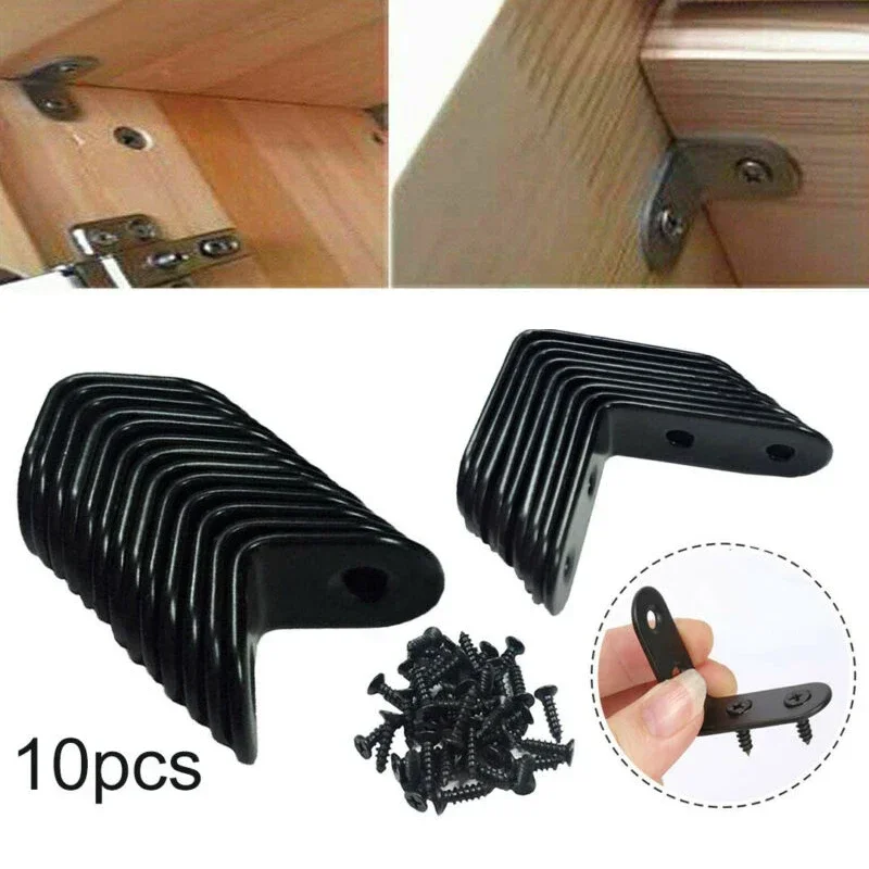 10pcs Black L-Shaped Brackets Stainless Steel Right Angle Bracket Support Iron Wardrobes Cabinet Joint Furniture Hardware