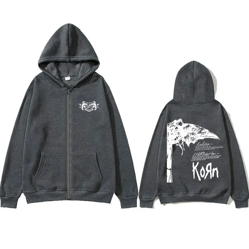 Rock Band Korn grafis ritsleting Hoodie pria 90s alternatif logam musik Zip Up jaket pria Vintage ukuran besar bulu Zip Up Hoodies