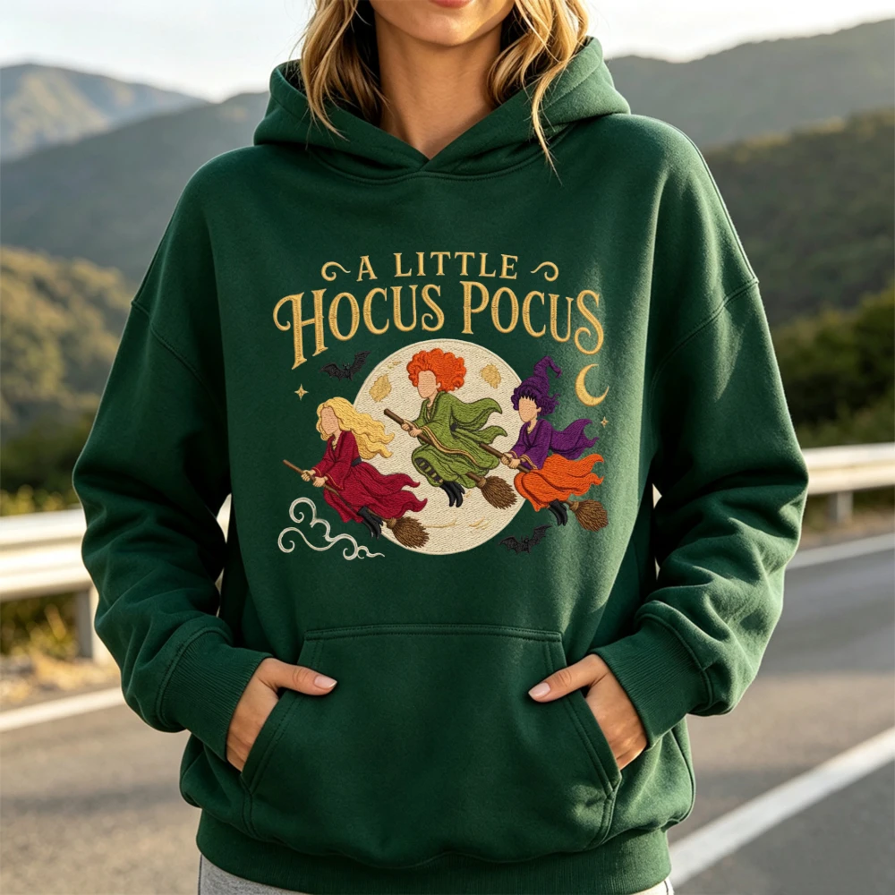 A Little Hocus Pocus Witches Full Moon Graphic Long Sleeve Hoodie Autumn Winter Halloween Trendy Fashion Streetwear Pullover
