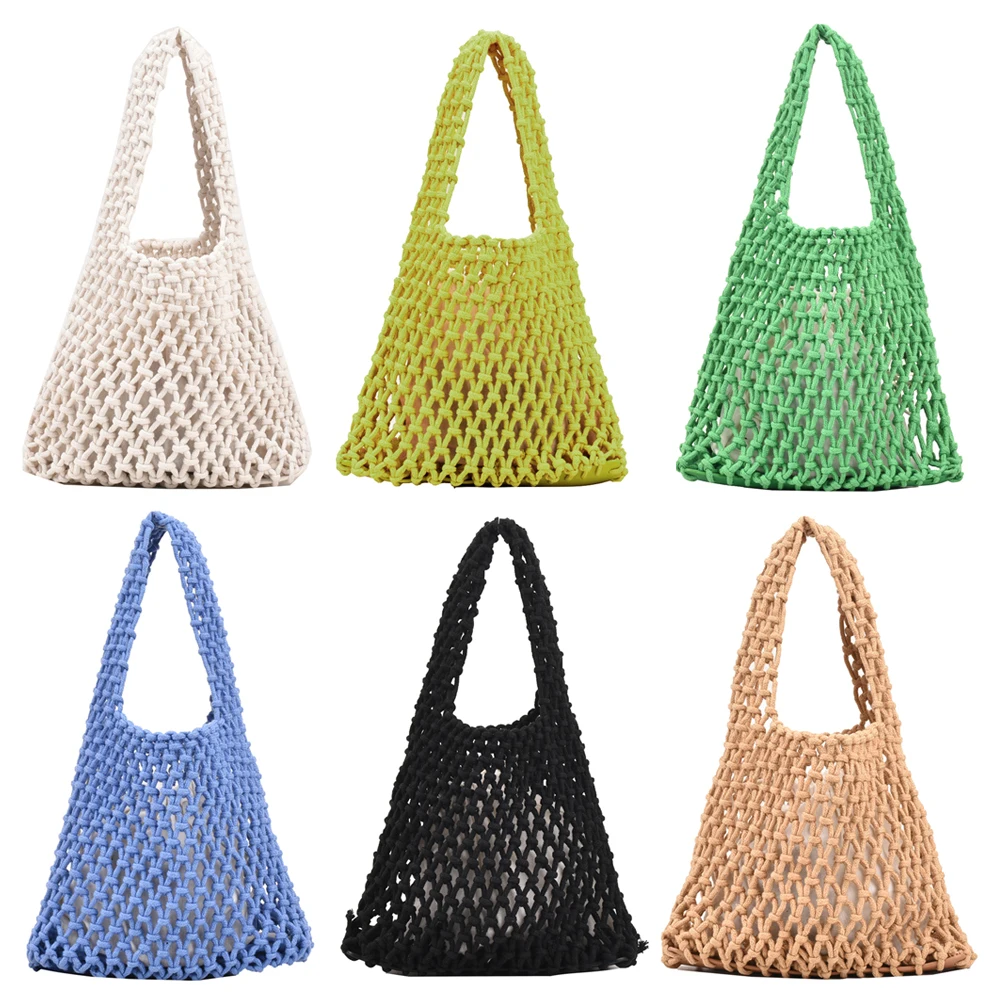 New Crochet Beach Handbag for Girls Summer Straw Rope Hollow Out Hand Woven Totes Bag Women Hollow Knitting Handbag