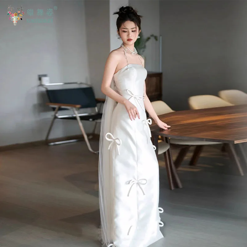 

French Style Satin Bow Decal Watteau Trailing Bride's Wedding Dress Simple Temperament Strapless Fish Tail Light Wedding Dress