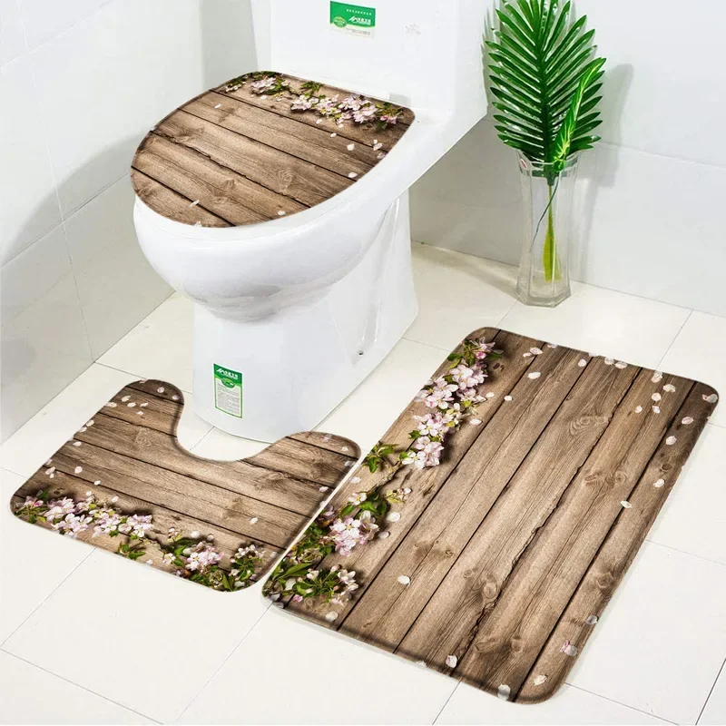 3pcs Set Orchid Bath Mat Flowers Wood Planks Background Toilet Pedestal Mat Toilet Seat Lid Covers Cushions Pads Bathtub Rug