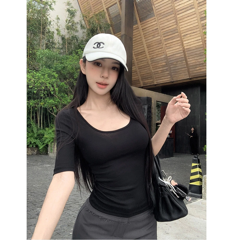 Slim Fit Short Sleeve T-Shirt Women's Low Neck Exposing Belly Button mid Sleeve Top Pure Desirable Spicy Girl Style Bodycon