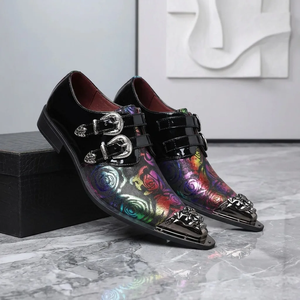 Mens Pointy Toe Slip-On Oxfords Brush-Off Leather British Style Comfortable Breathable Print Wedding Business Shoes Luxury Shoes