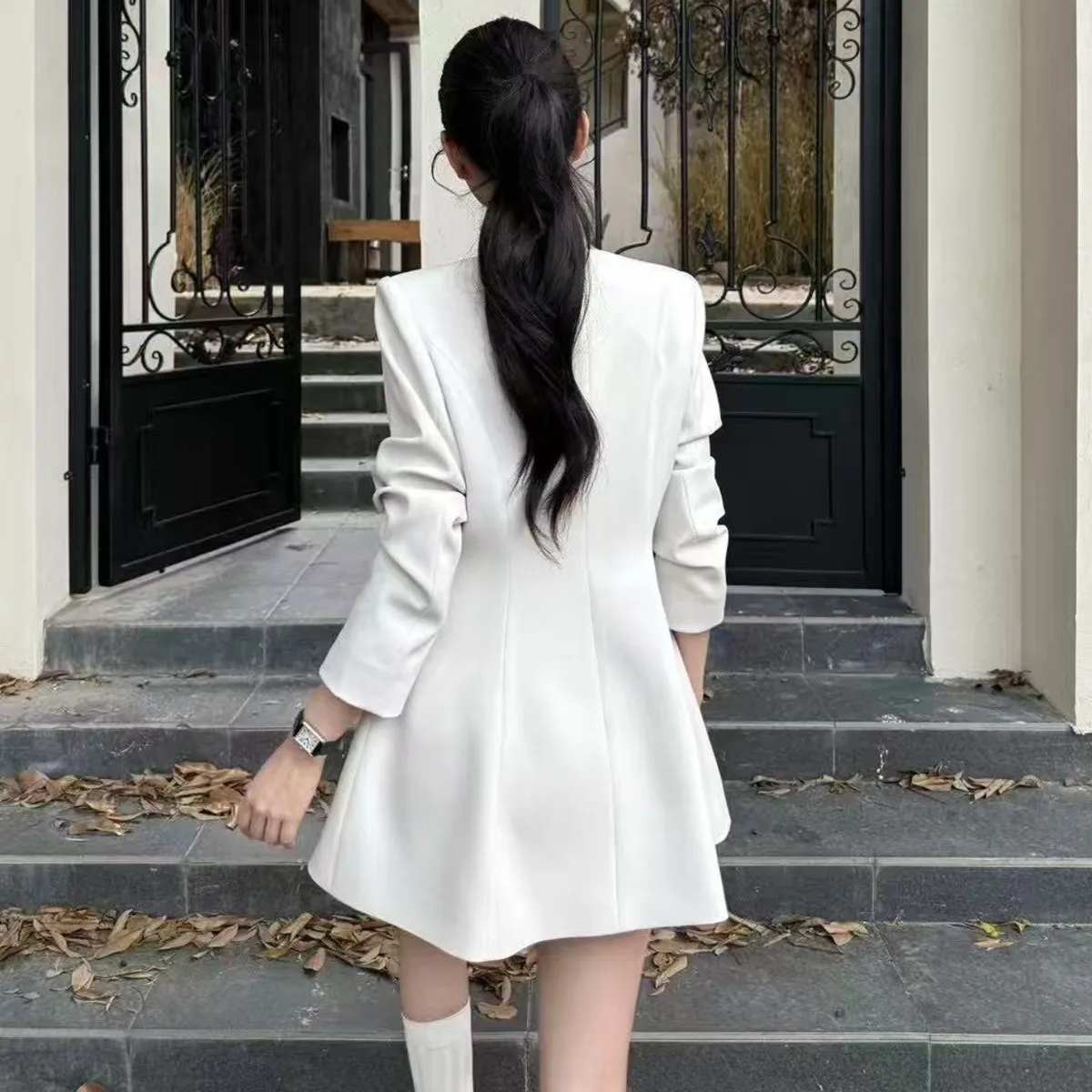 BJTZ O-hals Effen Kleur Single Breasted Blazer Jurken Voor Vrouw 2025, Lente Herfst Nieuwe A-lijn Taille Kantoor Dame Vrouwelijke Jas