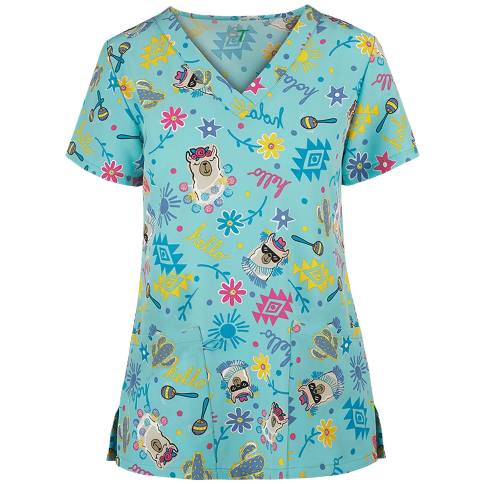 Uniforme de trabajo para mujer, Tops de manga corta con cuello en V y estampado de animales de dibujos animados de gato y perro, blusa para mujer, Ropa de Trabajo de enfermera, uniformes médicos para enfermera