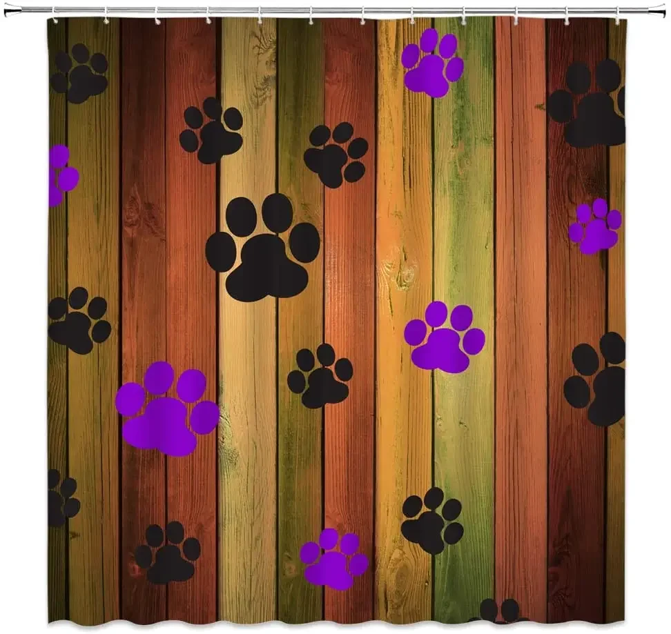 Dog Rustic Wooden Board Cute Pets Footprint Hand Drawn Paw Print Doodles Circular Pattern Bath Curtain