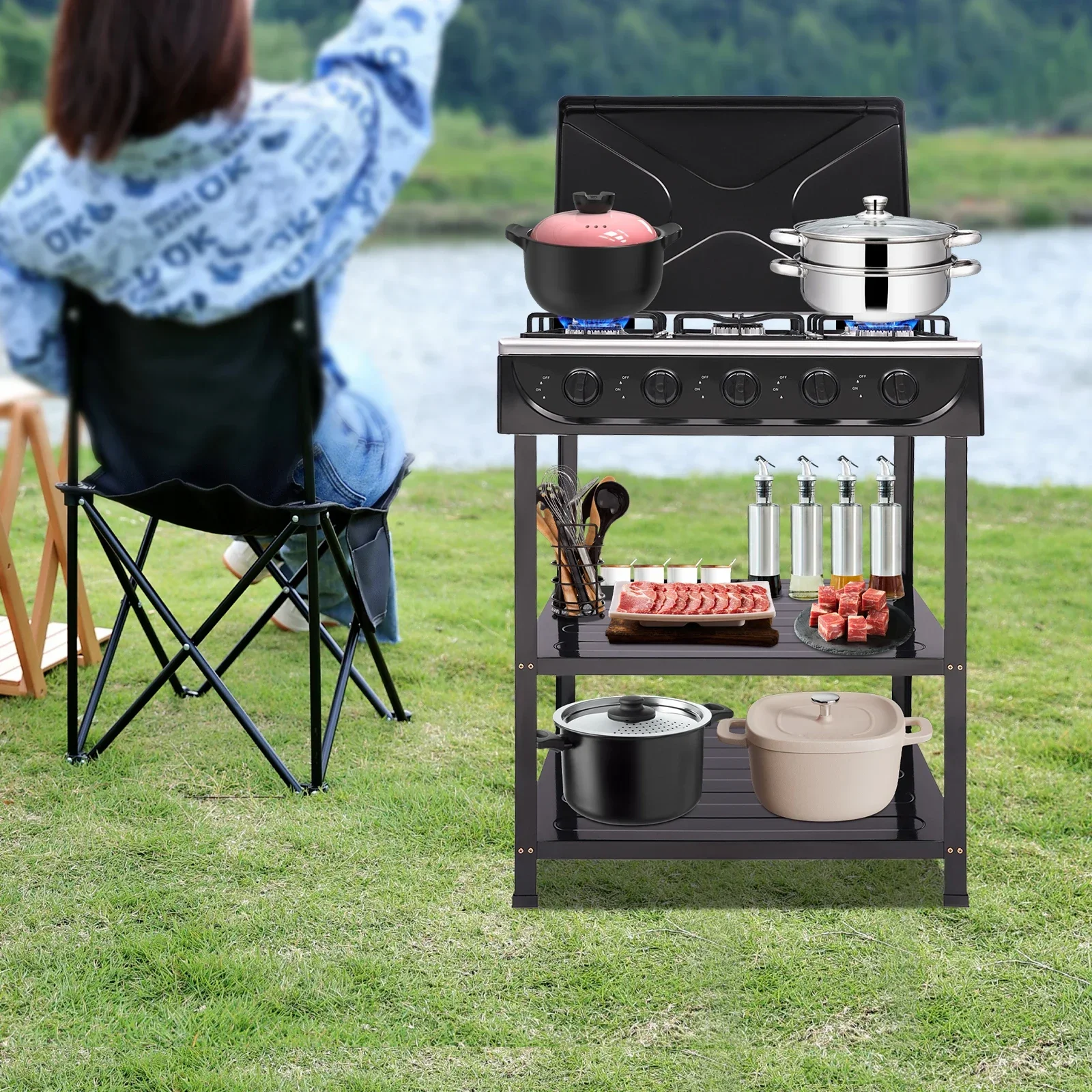 5-الشعلات المحمولة موقد غاز طبيعي التخييم في الهواء الطلق الطبخ شواء شواء مع 2-Tier تخزين الرف للطهي في الهواء الطلق #1