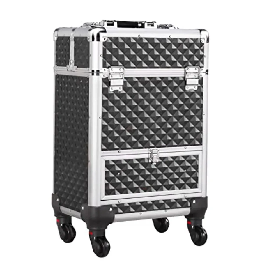 Rolling Makeup Train Case Aluminum Cosmetic Case with Wheels Barber Case Salon Lockable Travel Trolley with Sliding Drawers Rem