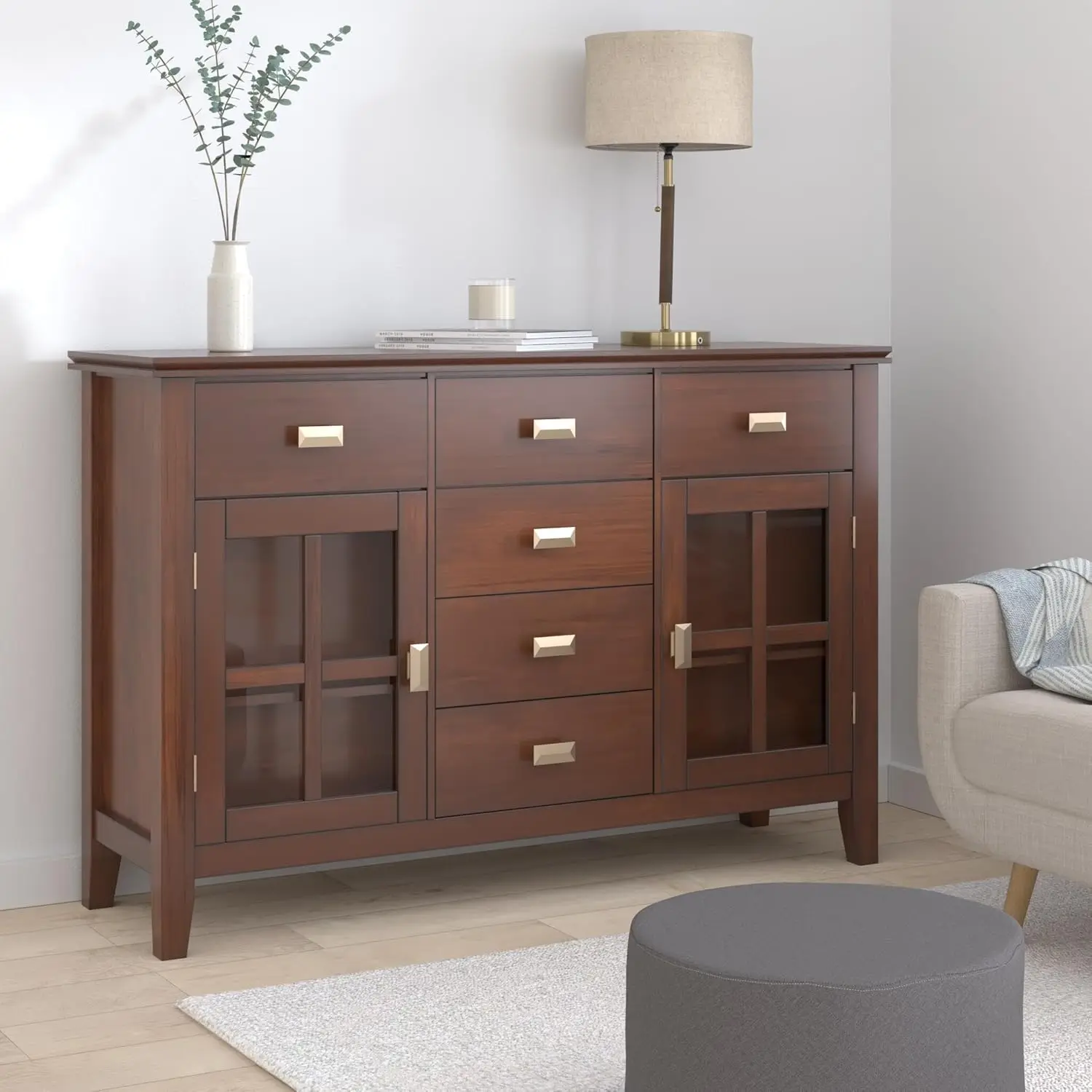 Solid Pine Wood 54 Inch Contemporary Sideboard Buffet Credenza in Russet Brown Features 2 Doors 6 Drawers and 2 Cabinets