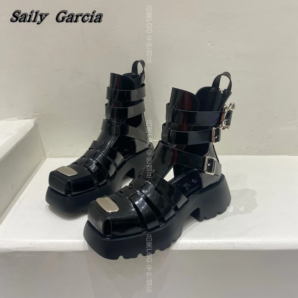 Genuine Leather Hollow Metal Buckle Strap Roman Boots Punk Style Braid Motorcycle Boots Square Toe Platform Casual Short Boots