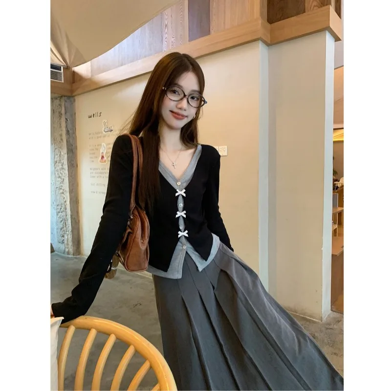 

Женская утягивающая короткая футболка с длинными рукавами и v-образным вырезом Sweet Bow, состоящая из двух частей, весна-осень