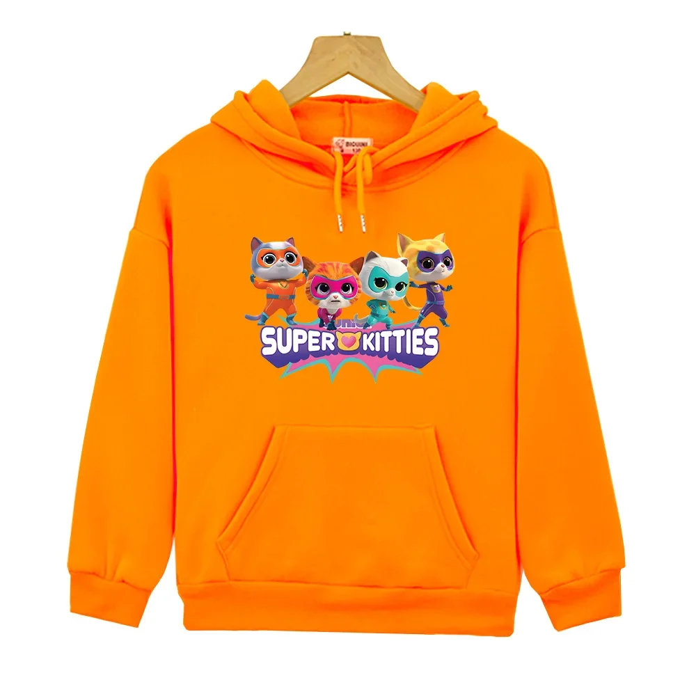 Superkitties bonito crianças hoodies casuais crianças moletom de manga longa com capuz meninos meninas roupas kawaii impressão gráfica topos