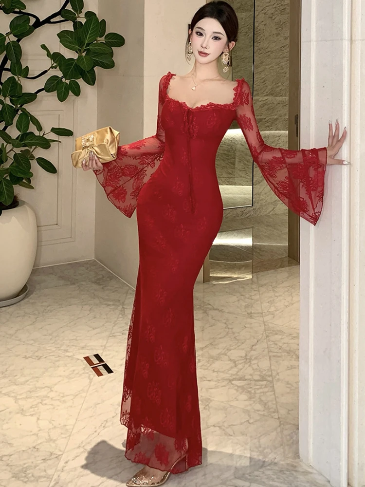 المرأة الأحمر الدانتيل الجاكار ساحة طوق مضيئة كم فستان طويل 2025 فستان فاخر أنيق ثوب الخريف الشتاء الكورية Bodycon فستان