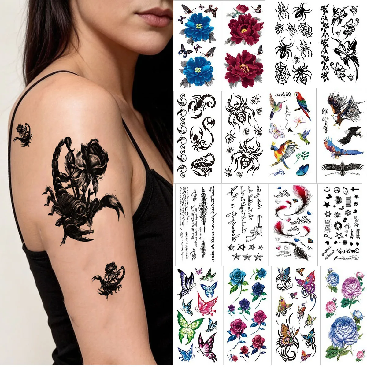 

Wholesale 100 Pack Temporary Tattoo Water Transfer Stickers Butterfly & Flower Designs Non-Toxic Body Art for Women Girls Festiv