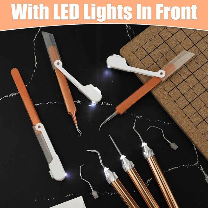 Set di strumenti per diserbo in vinile, con 3 penne per diserbo a LED, 3 pinzette luminose a LED, 5 perni e ganci strumenti per diserbo illuminati, durevoli