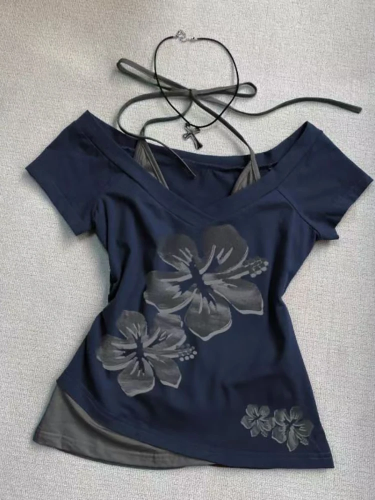 

Летние поддельные двухсекционные винтажные футболки с лямкой на шее Y2k, эстетические тонкие укороченные топы, женские повседневные сексуальные футболки с принтом в стиле гранж в стиле Харадзюку