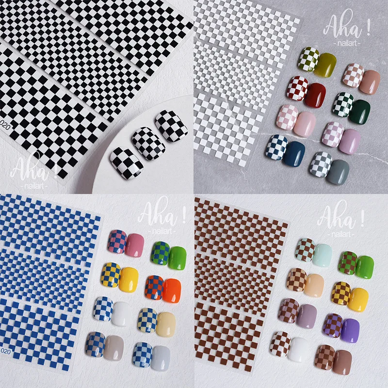 2 Sheets Black White Blue Green Check Square Grid Checkerboard Waterproof Adhesive Cartoon Nail Art Stickers Manicure Decals Tip