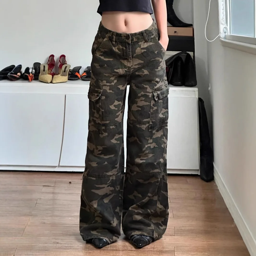 

Прямые джинсы с высокой талией и камуфляжным принтом в уличном стиле, прямые повседневные брюки для девочек, женские брюки-карго