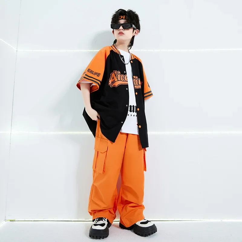Costume de danse moderne Jazz pour garçons, chemises amples Orange, pantalon Cargo, ensemble de vêtements de spectacle de danse de rue Hip Hop pour filles, nouvelle collection