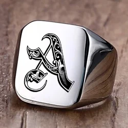 Retro Initials Signet Ring for Men 14mm Bulky Heavy Stamp Male Band Stainless Steel Letters Custom Charm Jewelry Gift for Him