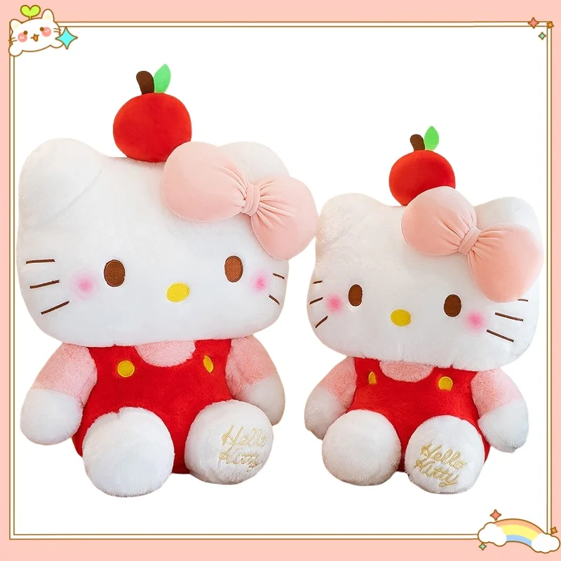 65 ซม.น่ารัก Apple HelloKitty ตุ๊กตาตุ๊กตา KT แมวน่ารัก Kawaii ตุ๊กตาขนาดใหญ่ตุ๊กตาผ้าของขวัญสําหรับสาว Soothing หมอนเด็กของขวัญ