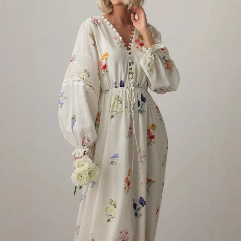

2025 Europe America Spring Summer New Print Long Sleeve Dress Lantern Sleeve Single Breasted Fashion Casual Lazy Style