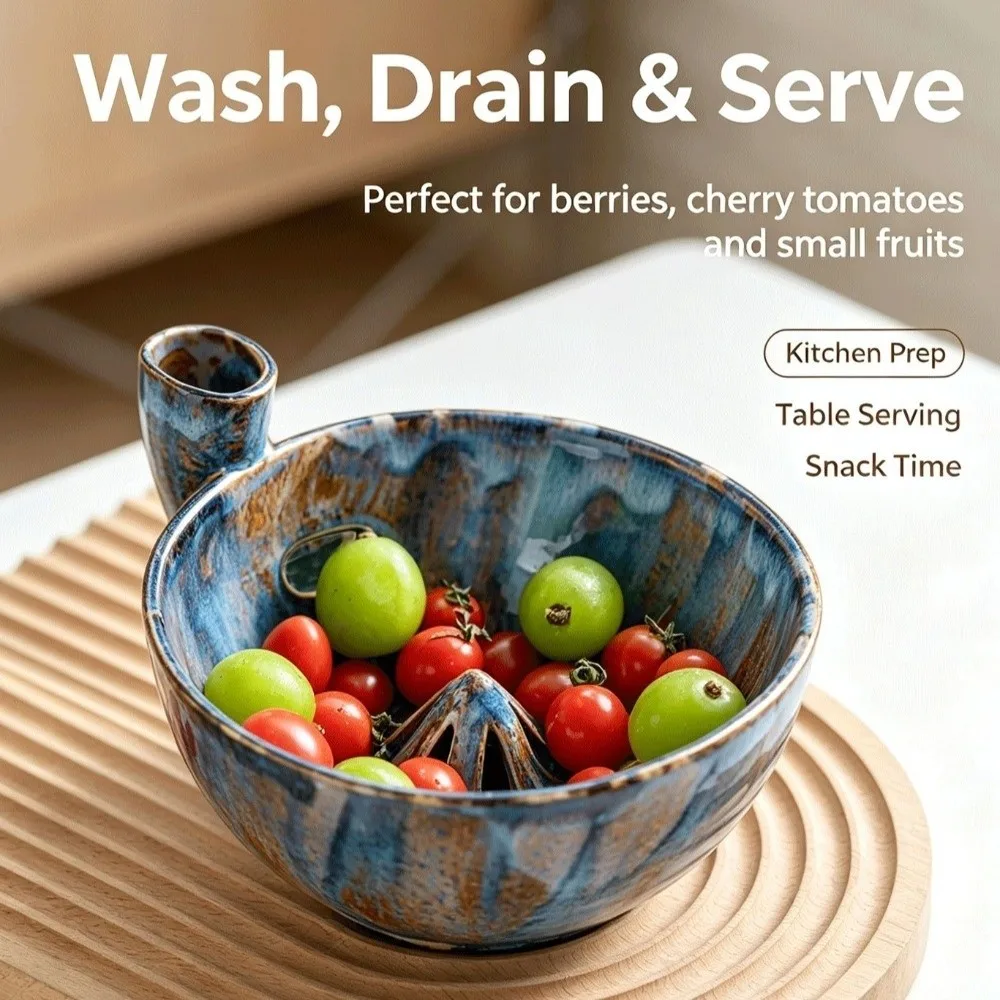 Ceramic Automatic Fruit Washer Bowl Self-Spinning Auto-Rinse Self-Rotating Berry Bowl Vortex-Style Quick Drain