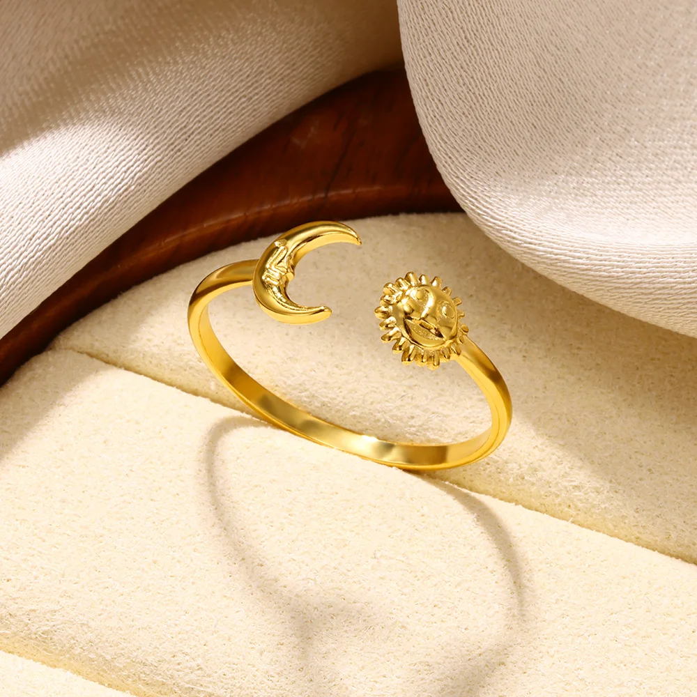 Vintage Gold Color Sun and Moon Open Rings For Women Adjustable Stainless Steel Ring Wedding Couple Jewelry Gift Free Shipping