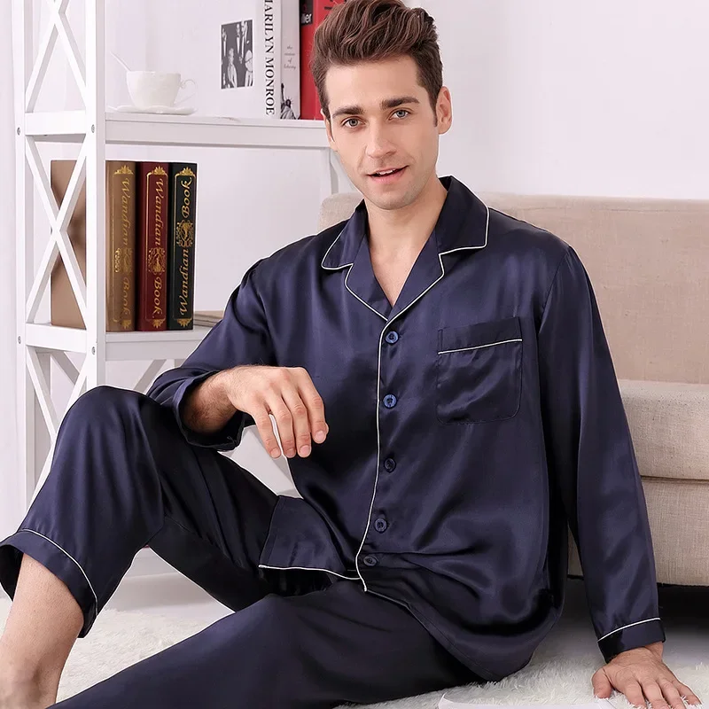 

100% Mulberry Silk Pajamas Spring and Summer Long-sleeved Two-piece Set Noble Men's Home Wear Silk Suit Sleepwear Nightwear