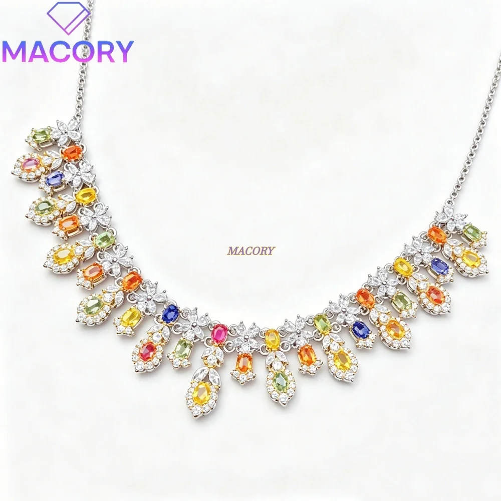 Natural Colored Sapphire Luxury Women's S925 Sterling Silver Necklace Exquisite Gorgeous Banquet Ceremony Anniversary Options
