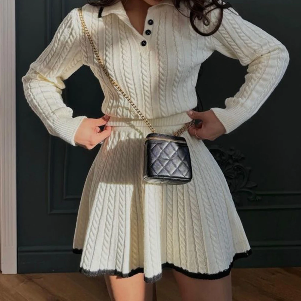 Women's Wool Suit European American Style Spring Autumn Long Sleeve Button Lapel Sweater Jacket Short Umbrella Skirt Set