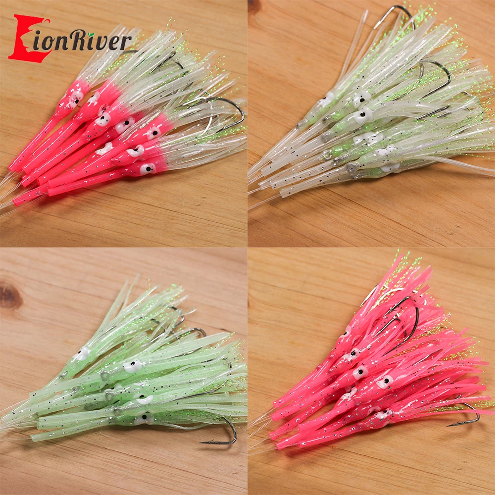 Lionriver 10pcs/bag 3/0 Hook Luminous Squid Skirts with Mono Line Anti-bite Fishing Lure for Saltwater Mackerel Herring Saury