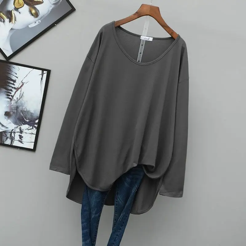 Spring Autumn New Solid Color Fashion Long Sleeve T-Shirts Women High Street V-Neck Loose Asymmetrical All-match Chic Pullovers