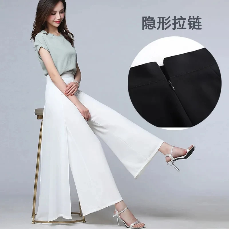 Women Chiffon Wide Leg Pants Spring Summer Thin Culottes High Waist Loose All-match Solid Lady Trousers Elegant Fashion Palazzo