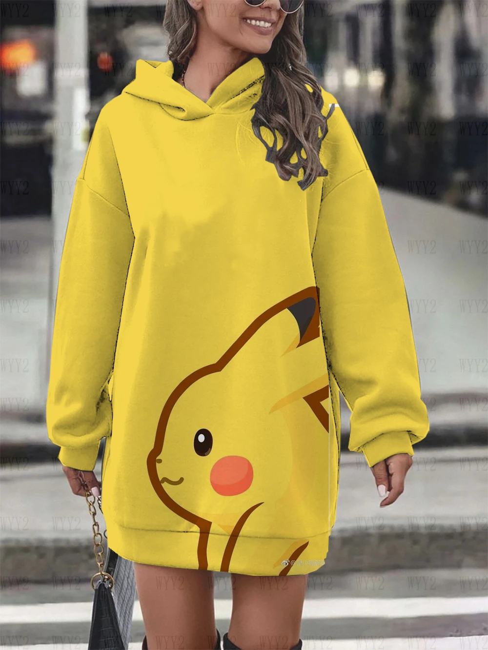 New Spring and Autumn Women's Long Sleeve Hoodie Dress Printed Pikachu Cartoon 2024 Street Loose Casual Sweater Women