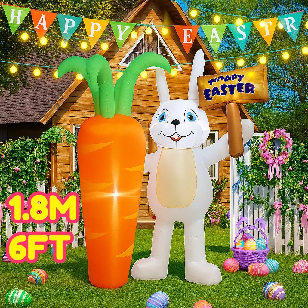 

6FT Easter Festive Inflatable Rabbit With Carrot Road Signs Decor Glowing LED Airblown Decoration Supplies Easter Inflatable