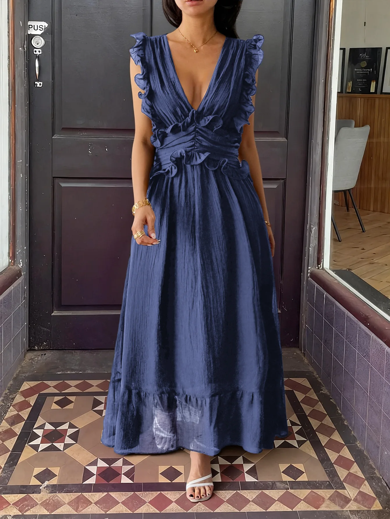 

Women's Dresses 2025 Latest Spring and Summer Hot Girl Fashion Elegant Temperament, Deep V-Color Long Dress, Solid Color Dress