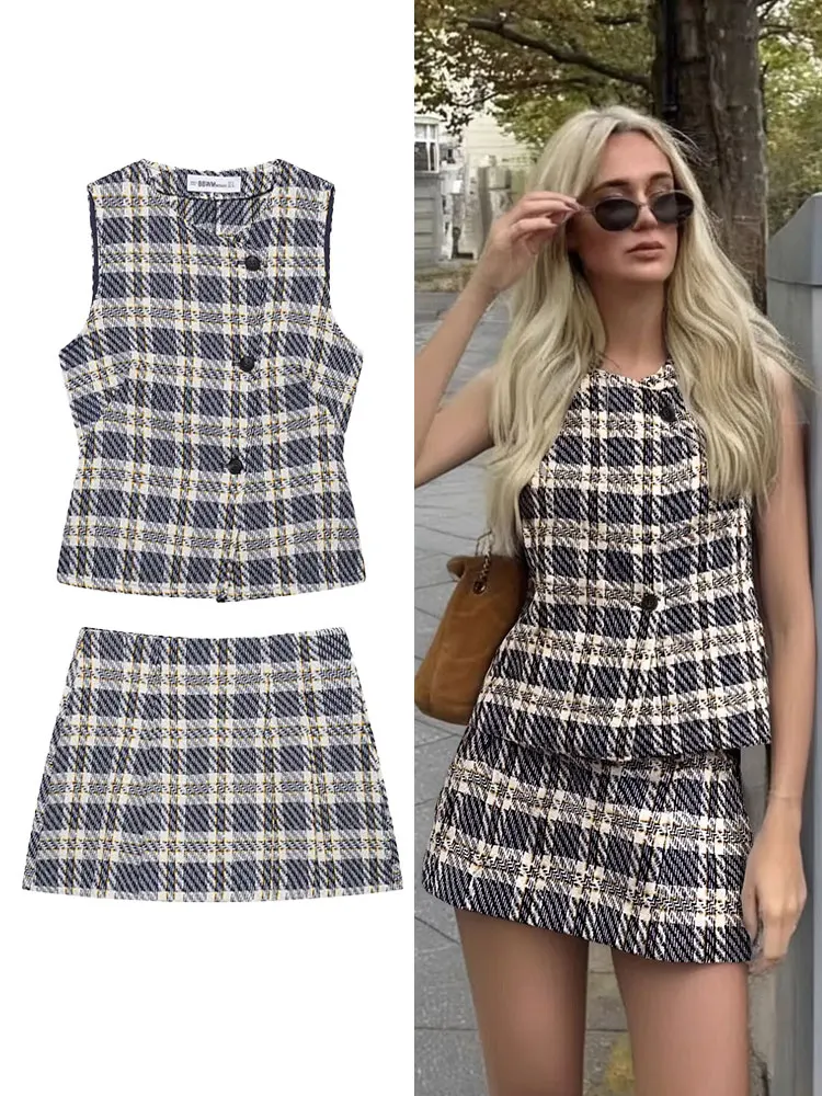 HH Dames Elegante Geruite Textuur Pak Mouwloos Single-breasted Vest Top + Brede Geplooide Hoge Taille A-lijn Culottes Retro Set