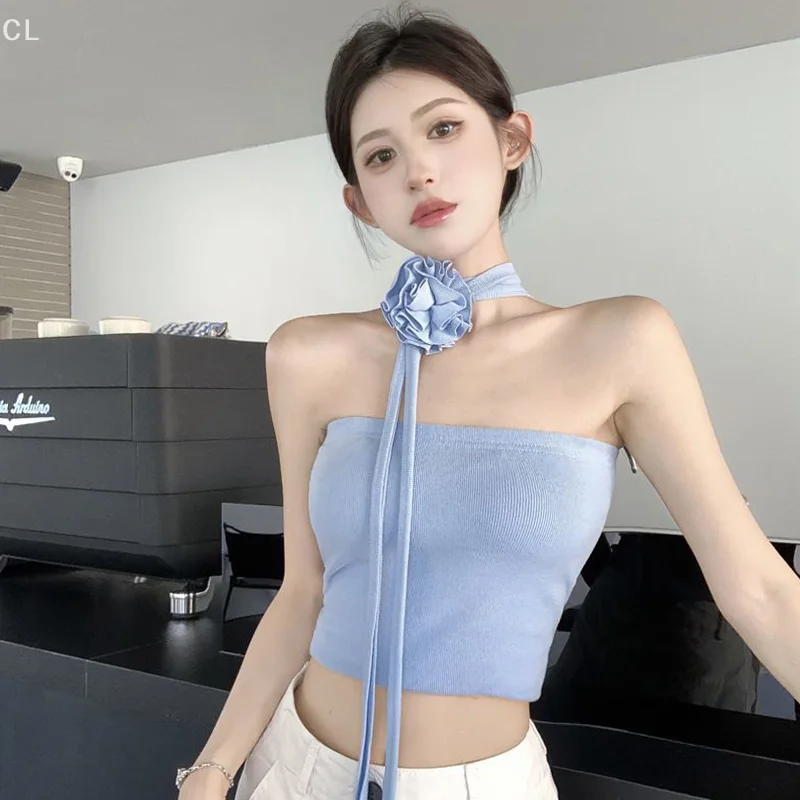 ผู้หญิงเซ็กซี่ Halter คอ Crop Tube Top ฤดูร้อนสีทึบปิดไหล่ Camisole 3D ดอกไม้ Backless Slim Tank Tops